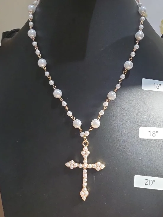 Elegant Faux Pearl Cross Pendant Necklaces - White Faux Pearls w/ Gold Accents - Picture 2 of 3